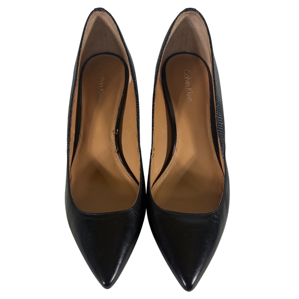 Calvin Klein Patna Black Leather Kitten Heel Pointed Toe Pumps Womens8.5 34E2774
